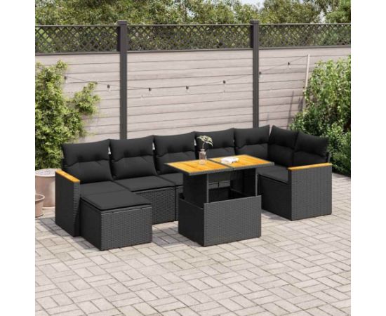 vidaXL 8-cz. zestaw mebli z poduszkami, czarny, polirattan i akacja Dārza mēbeļu komplekti
