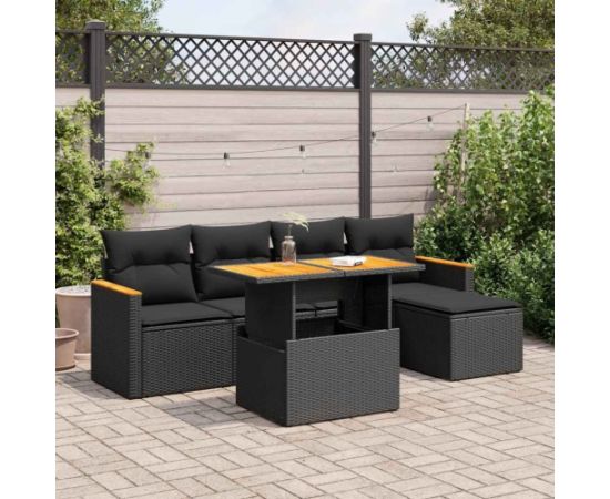 vidaXL 6-cz. zestaw mebli z poduszkami, czarny, polirattan i akacja Dārza mēbeļu komplekti