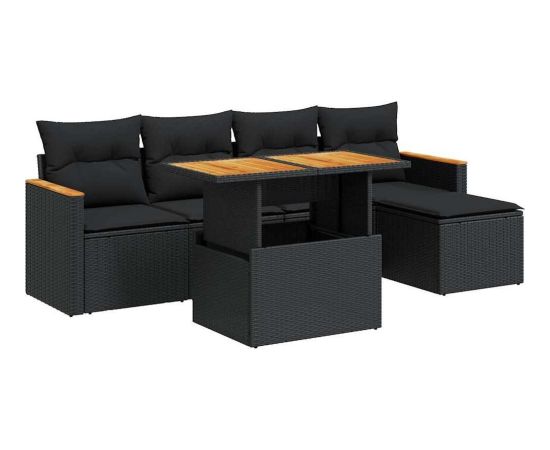 vidaXL 6-cz. zestaw mebli z poduszkami, czarny, polirattan i akacja Dārza mēbeļu komplekti