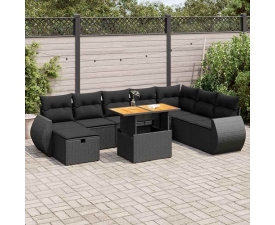 vidaXL 9-cz. zestaw mebli z poduszkami, czarny, polirattan i akacja Dārza mēbeļu komplekti