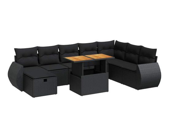 vidaXL 9-cz. zestaw mebli z poduszkami, czarny, polirattan i akacja Dārza mēbeļu komplekti