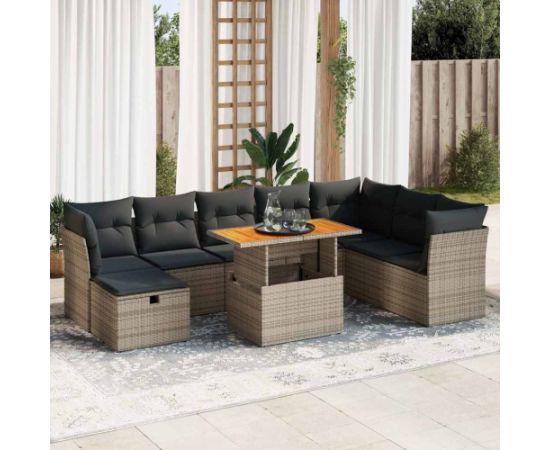 vidaXL 9-cz. zestaw mebli z poduszkami, szary, polirattan i akacja Dārza mēbeļu komplekti