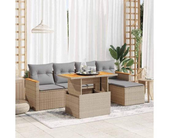 vidaXL 6-cz. zestaw mebli z poduszkami, beżowy, polirattan i akacja Dārza mēbeļu komplekti