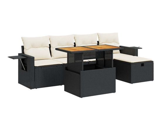 vidaXL 6-cz. zestaw mebli z poduszkami, czarny, polirattan i akacja Dārza mēbeļu komplekti