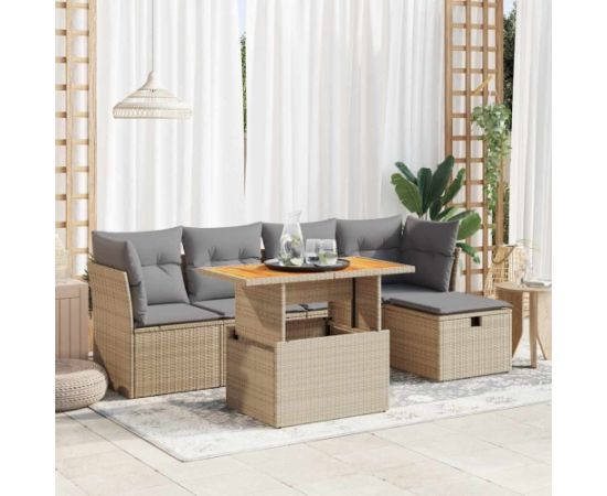 vidaXL 6-cz. zestaw mebli z poduszkami, beżowy, polirattan i akacja Dārza mēbeļu komplekti