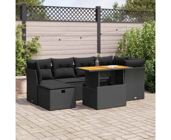 vidaXL 7-cz. zestaw mebli z poduszkami, czarny, polirattan i akacja Dārza mēbeļu komplekti