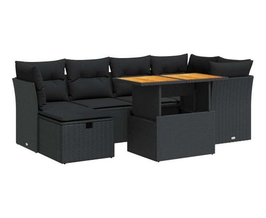 vidaXL 7-cz. zestaw mebli z poduszkami, czarny, polirattan i akacja Dārza mēbeļu komplekti