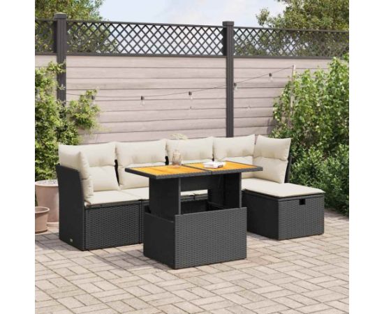 vidaXL 6-cz. zestaw mebli z poduszkami, czarny, polirattan i akacja Dārza mēbeļu komplekti