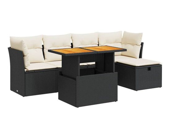 vidaXL 6-cz. zestaw mebli z poduszkami, czarny, polirattan i akacja Dārza mēbeļu komplekti