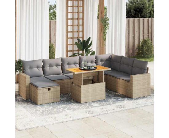 vidaXL 9-cz. zestaw mebli z poduszkami, beżowy, polirattan i akacja Dārza mēbeļu komplekti