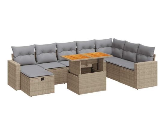 vidaXL 9-cz. zestaw mebli z poduszkami, beżowy, polirattan i akacja Dārza mēbeļu komplekti