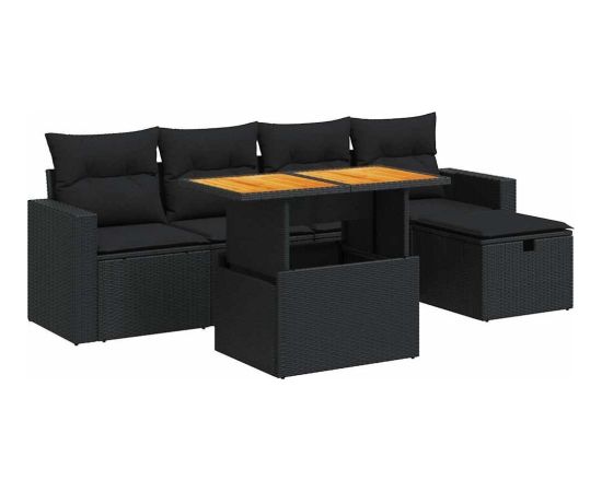 vidaXL 6-cz. zestaw mebli z poduszkami, czarny, polirattan i akacja Dārza mēbeļu komplekti