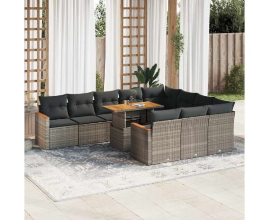 vidaXL 11-cz. zestaw mebli z poduszkami, szary, polirattan i akacja Dārza mēbeļu komplekti