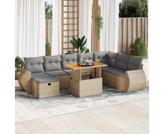 vidaXL 9-cz. zestaw mebli z poduszkami, beżowy, polirattan i akacja Dārza mēbeļu komplekti