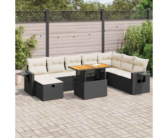 vidaXL 9-cz. zestaw mebli z poduszkami, czarny, polirattan i akacja Dārza mēbeļu komplekti