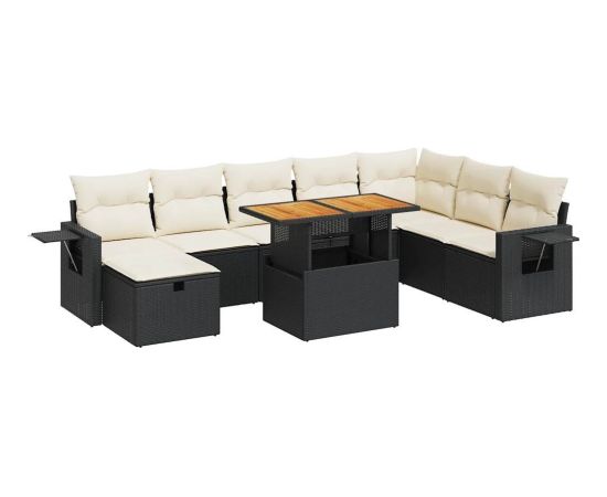 vidaXL 9-cz. zestaw mebli z poduszkami, czarny, polirattan i akacja Dārza mēbeļu komplekti