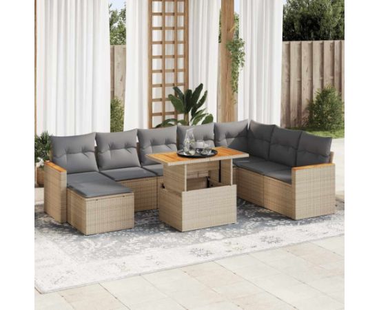 vidaXL 9-cz. zestaw mebli z poduszkami, beżowy, polirattan i akacja Dārza mēbeļu komplekti