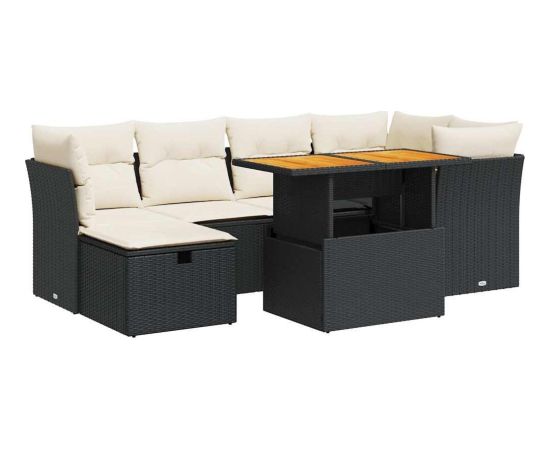 vidaXL 7-cz. zestaw mebli z poduszkami, czarny, polirattan i akacja Dārza mēbeļu komplekti