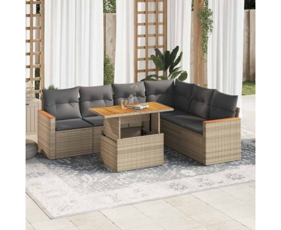 vidaXL 7-cz. zestaw mebli z poduszkami, beżowy, polirattan i akacja Dārza mēbeļu komplekti