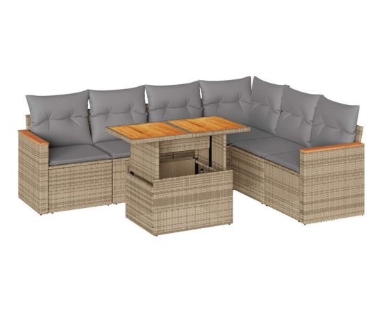 vidaXL 7-cz. zestaw mebli z poduszkami, beżowy, polirattan i akacja Dārza mēbeļu komplekti