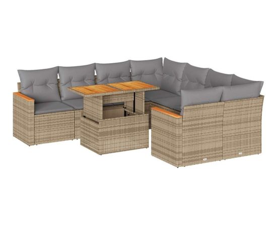 vidaXL 9-cz. zestaw mebli z poduszkami, beżowy, polirattan i akacja Dārza mēbeļu komplekti