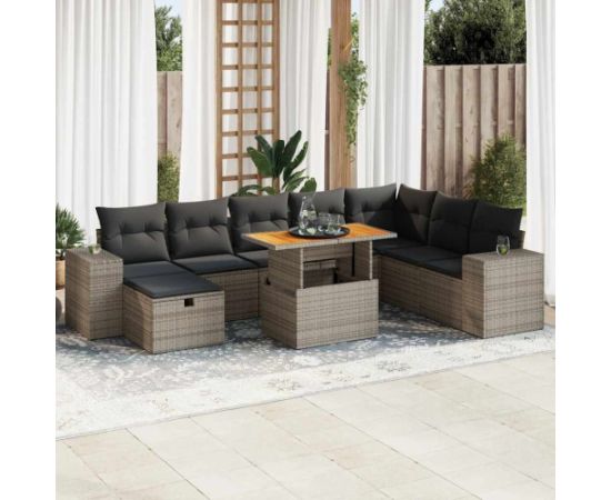 vidaXL 9-cz. zestaw mebli z poduszkami, szary, polirattan i akacja Dārza mēbeļu komplekti