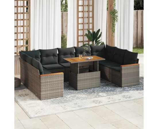 vidaXL 10-cz. zestaw mebli z poduszkami, szary, polirattan i akacja Dārza mēbeļu komplekti