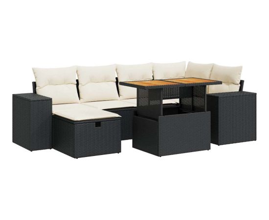 vidaXL 8-cz. zestaw mebli z poduszkami, czarny, polirattan i akacja Dārza mēbeļu komplekti