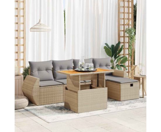 vidaXL 6-cz. zestaw mebli z poduszkami, beżowy, polirattan i akacja Dārza mēbeļu komplekti