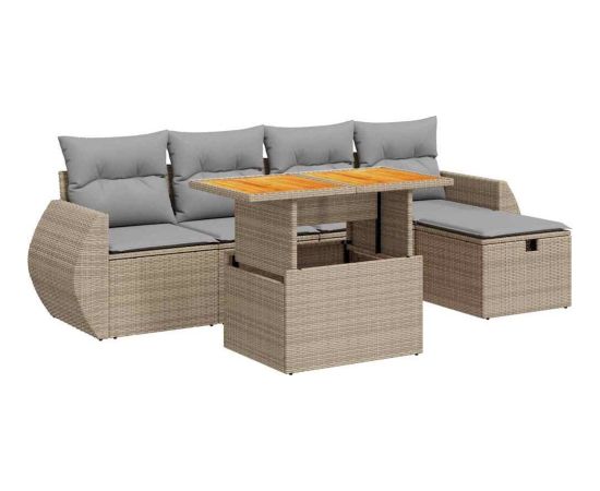 vidaXL 6-cz. zestaw mebli z poduszkami, beżowy, polirattan i akacja Dārza mēbeļu komplekti