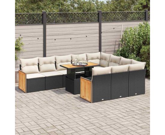 vidaXL 11-cz. zestaw mebli z poduszkami, czarny, polirattan i akacja Dārza mēbeļu komplekti