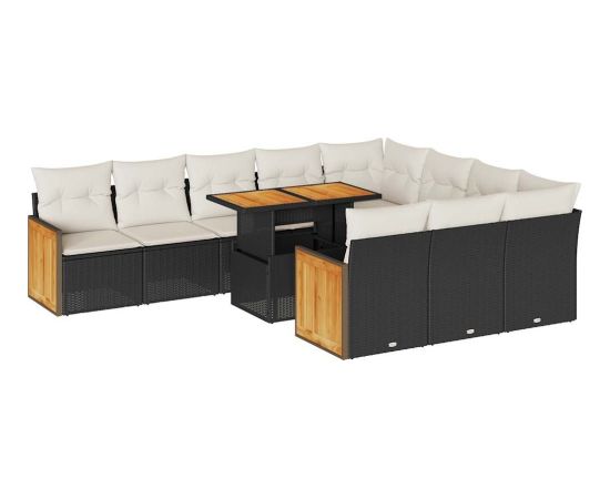 vidaXL 11-cz. zestaw mebli z poduszkami, czarny, polirattan i akacja Dārza mēbeļu komplekti