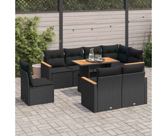 vidaXL 9-cz. zestaw mebli z poduszkami, czarny, polirattan i akacja Dārza mēbeļu komplekti