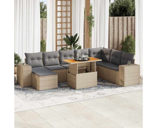 vidaXL 9-cz. zestaw mebli z poduszkami, beżowy, polirattan i akacja Dārza mēbeļu komplekti