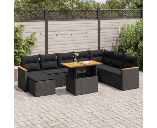 vidaXL 9-cz. zestaw mebli z poduszkami, czarny, polirattan i akacja Dārza mēbeļu komplekti