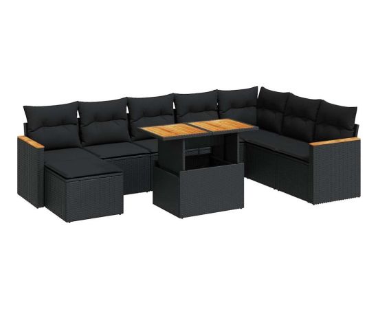 vidaXL 9-cz. zestaw mebli z poduszkami, czarny, polirattan i akacja Dārza mēbeļu komplekti