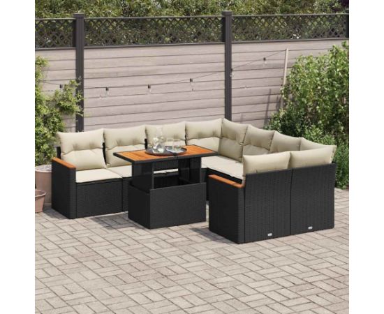 vidaXL 9-cz. zestaw mebli z poduszkami, czarny, polirattan i akacja Dārza mēbeļu komplekti