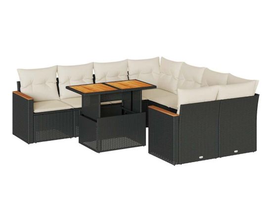 vidaXL 9-cz. zestaw mebli z poduszkami, czarny, polirattan i akacja Dārza mēbeļu komplekti