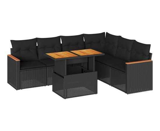 vidaXL 7-cz. zestaw mebli z poduszkami, czarny, polirattan i akacja Dārza mēbeļu komplekti