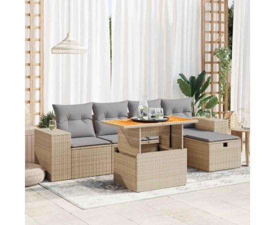 vidaXL 6-cz. zestaw mebli z poduszkami, beżowy, polirattan i akacja Dārza mēbeļu komplekti