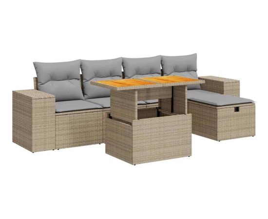 vidaXL 6-cz. zestaw mebli z poduszkami, beżowy, polirattan i akacja Dārza mēbeļu komplekti