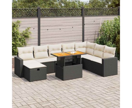 vidaXL 9-cz. zestaw mebli z poduszkami, czarny, polirattan i akacja Dārza mēbeļu komplekti