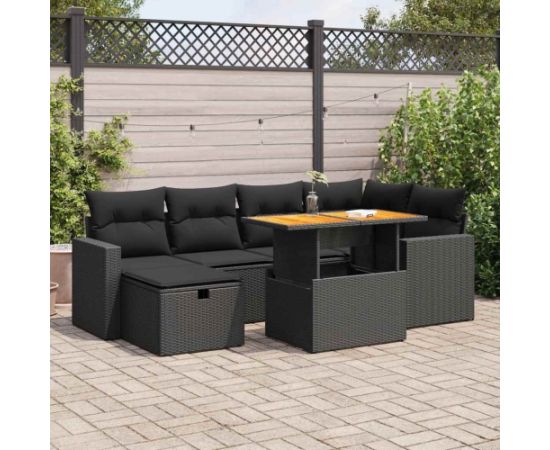 vidaXL 8-cz. zestaw mebli z poduszkami, czarny, polirattan i akacja Dārza mēbeļu komplekti