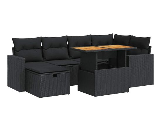 vidaXL 8-cz. zestaw mebli z poduszkami, czarny, polirattan i akacja Dārza mēbeļu komplekti