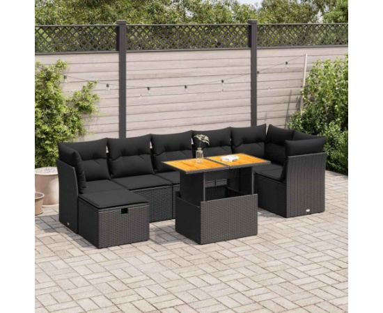 vidaXL 8-cz. zestaw mebli z poduszkami, czarny, polirattan i akacja Dārza mēbeļu komplekti