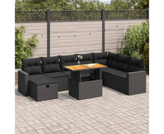 vidaXL 9-cz. zestaw mebli z poduszkami, czarny, polirattan i akacja Dārza mēbeļu komplekti