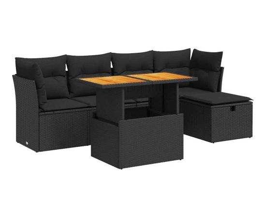 vidaXL 6-cz. zestaw mebli z poduszkami, czarny, polirattan i akacja Dārza mēbeļu komplekti