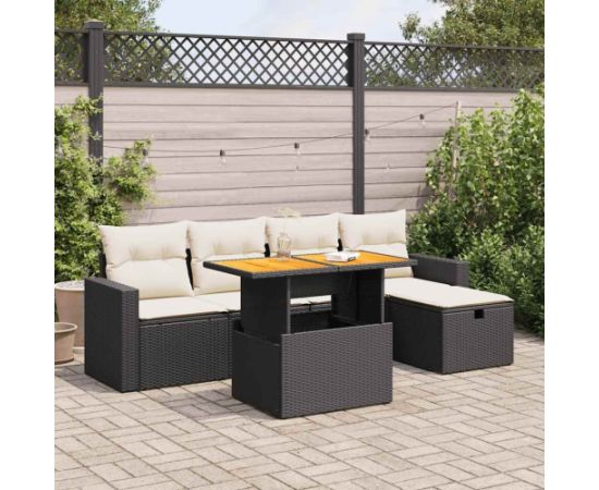 vidaXL 6-cz. zestaw mebli z poduszkami, czarny, polirattan i akacja Dārza mēbeļu komplekti