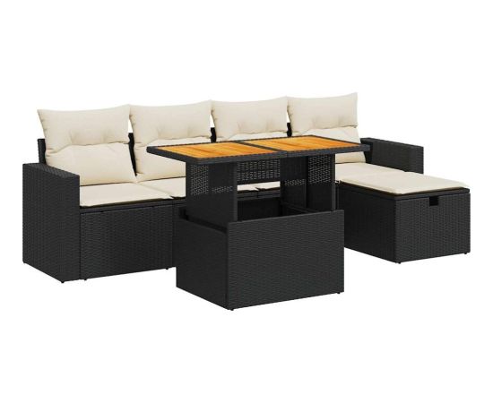 vidaXL 6-cz. zestaw mebli z poduszkami, czarny, polirattan i akacja Dārza mēbeļu komplekti