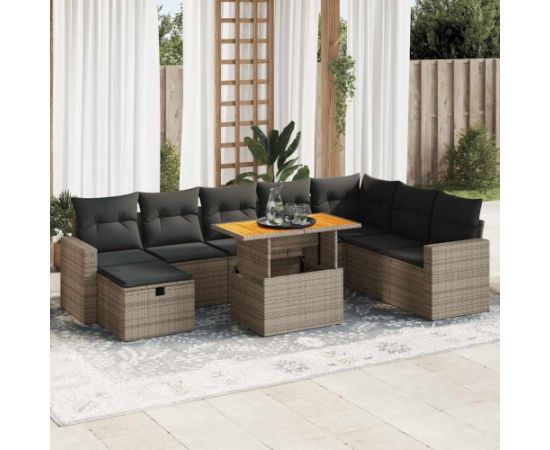 vidaXL 9-cz. zestaw mebli z poduszkami, szary, polirattan i akacja Dārza mēbeļu komplekti